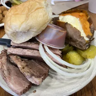 brisket 1 meat plate with sweet potato &amp; cabbage (hidden by roll)