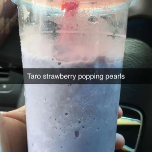 Taro smoochie with strawberry popping pearls