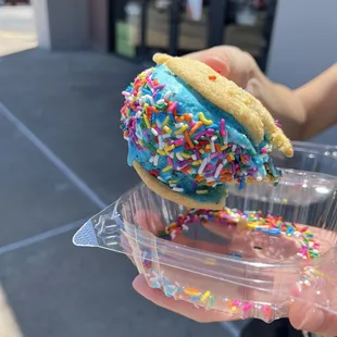 Ice Cream Sandwich Cookie Monster ice cream with sugar cookies and sprinkles