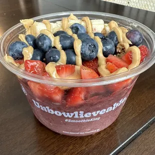 strawberries, blueberries, bananas, and peanut butter