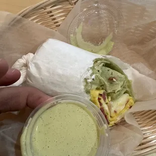 Egg wrap but you get more wrap than egg. Yes I know the sauce cup looks huge next to it because that how small and thin this wrap was.