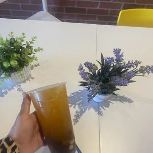 Peach Green Tea with honey boba and rainbow jelly