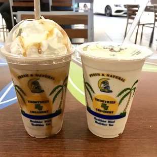 Mocha and a peanut butter banana smoothies....