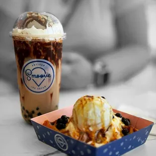 Chocolate boba float &amp; Brown sugar boba with summer pina colada ice cream croffle | @whaevaeats