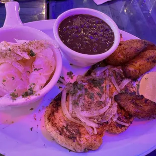 Chicken breast, yuca, black beans &amp; rice, and maduros