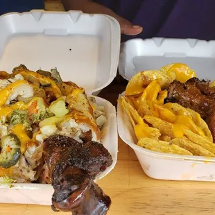 Stuffed turkey leg (r), nachos with turkey leg (left)