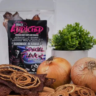 Steak and Onions Crispy Beef Jerky is one of our special flavors and comes with marinaded Finadene Onions.