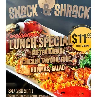 Lunch Special @ Snack &amp; Shrack . Schiller Park, IL  Mediterranean/Middle Eastern Grill . Kebabs Shawarma Falafel  Hummus etc. Cool.