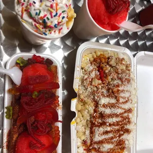 Vanilla Icecream with sprinkles and a watermelon sorbet with skwinkles on top.