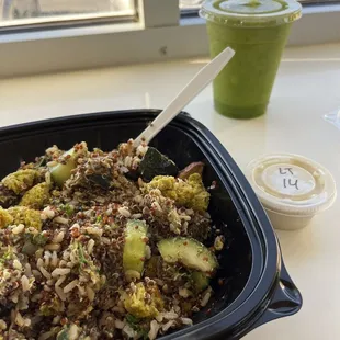 Mediterranean bowl and green detox juice