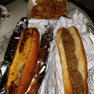 Chili cheese dog, Kraut dog, &amp; waffle fries