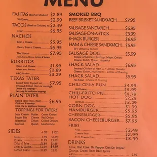 a menu for a snack shack