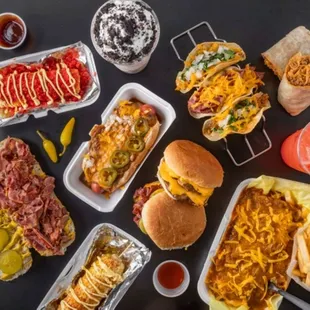 a variety of hot dogs and fries