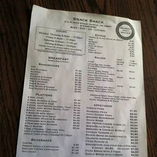 the menu for a snack shack