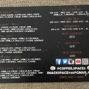 the menu for the coffee shop