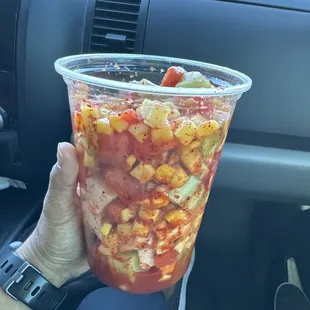 Large fruit cup (diced mangoes, cucumbers, watermelon, jicama, tahin and Chamoy)