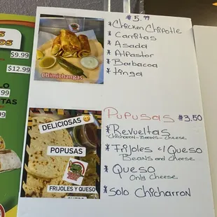 Chimichanga and pupusa menu