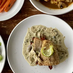 Pumpkin Seed-Crusted Sunburst Trout, Shiitake-Poblano Cream, Chile-Dusted Fried Sweet Potato.