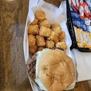 Everything burger with pepperjack and tots