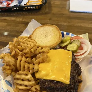 Double cheeseburger with waffle fries