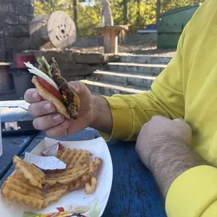 Amazing cheeseburger with waffle fries and fresh ranch! Sitting on the amazing patio!