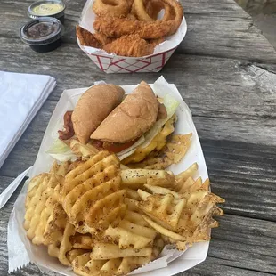 Hamburger &amp; waffle fries  Chicken strips &amp; onion rings