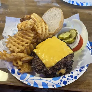 Double Cheeseburger and waffle fries.