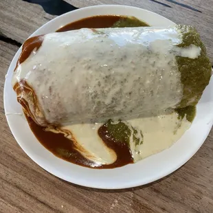 Asada burrito with red and green sauce