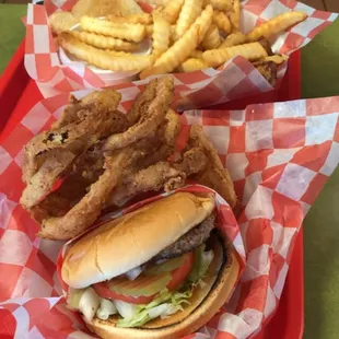 Dixie Burger w/ onion rings and Fish Basket w/ fries