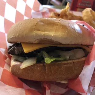 a cheeseburger and onion rings