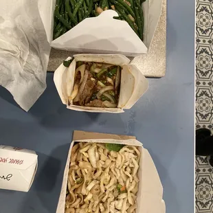 Takeout: green beans, chicken chow mein and Szechuan Garlic Beef