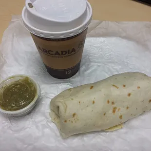 Chile Verde breakfast burrito and Arcadia Coffee, Yum!
