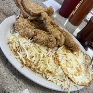 Fried Catfish, Eggs fried hard with wheat toast &amp; hash browns!!!