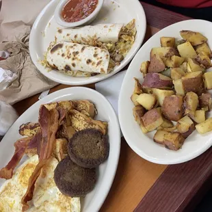 French toast breakfast, home fries, and breakfast tacos