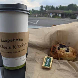 Blueberry biscuit and large coffee