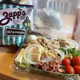 Rotisserie chicken salad with salt and vinegar chips