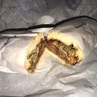 BBQ beef Smoked Brisket w/ BBQ Sauce &amp; Swiss Cheese and hot peppers &amp; onions