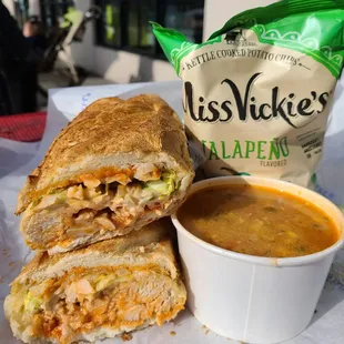 Buffalo chicken sandwich and chicken tortilla soup