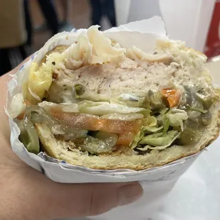 a hand holding a sandwich