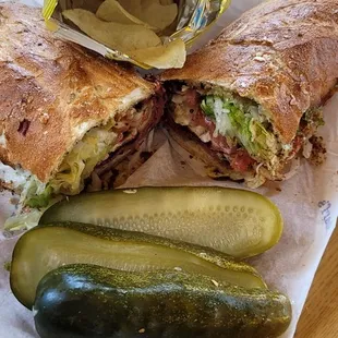 Pastrami and Swiss with their big pickle