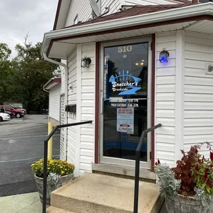 the entrance to a business
