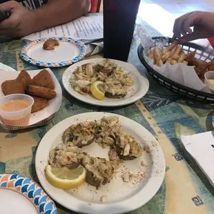 We ate some already, but real crab meat on the stuffed mushrooms for $6  Mac &amp; cheese bites on back left.