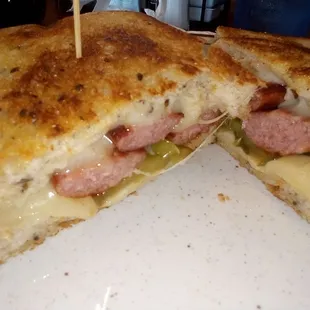 SNAX @ Torrance. Polish sausage sando w/ Jack cheese n rye bread +pickles