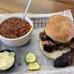 "Brownie sandwich" with beans and slaw