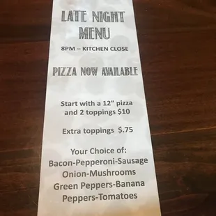 Late night menu