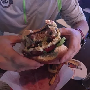 Burger with fried egg on it.