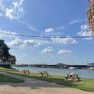picnic tables along the waterfront