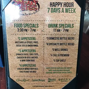 a menu for a happy hour