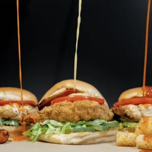 Indulge in our irresistible chicken sandwiches, perfectly paired with a side of crispy tater tots or sweet potato tots!