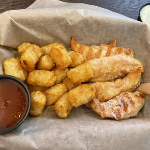 naked 4 piece tenders with maple seasoning + seasoned tots